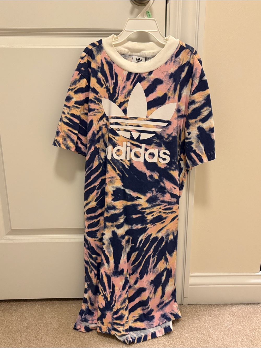 Adidas Women’s XS Tie-Dye Trefoil Tee Shirt Dress in Navy, Pink & Orange